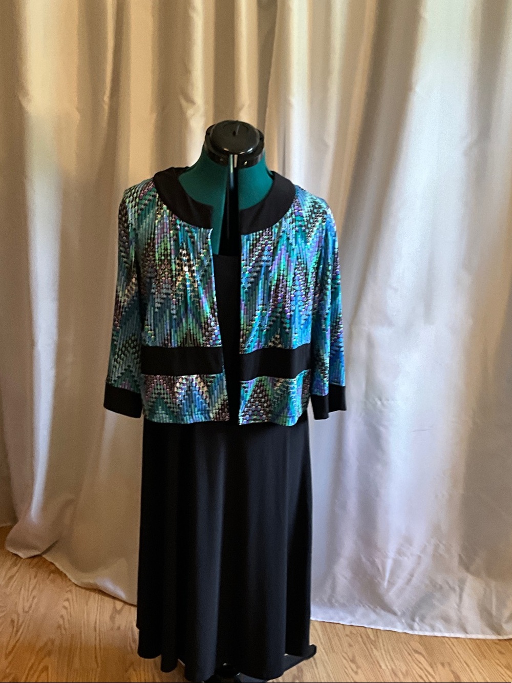 madison leigh Black Dress with Blue-Green Shimmer Jacket